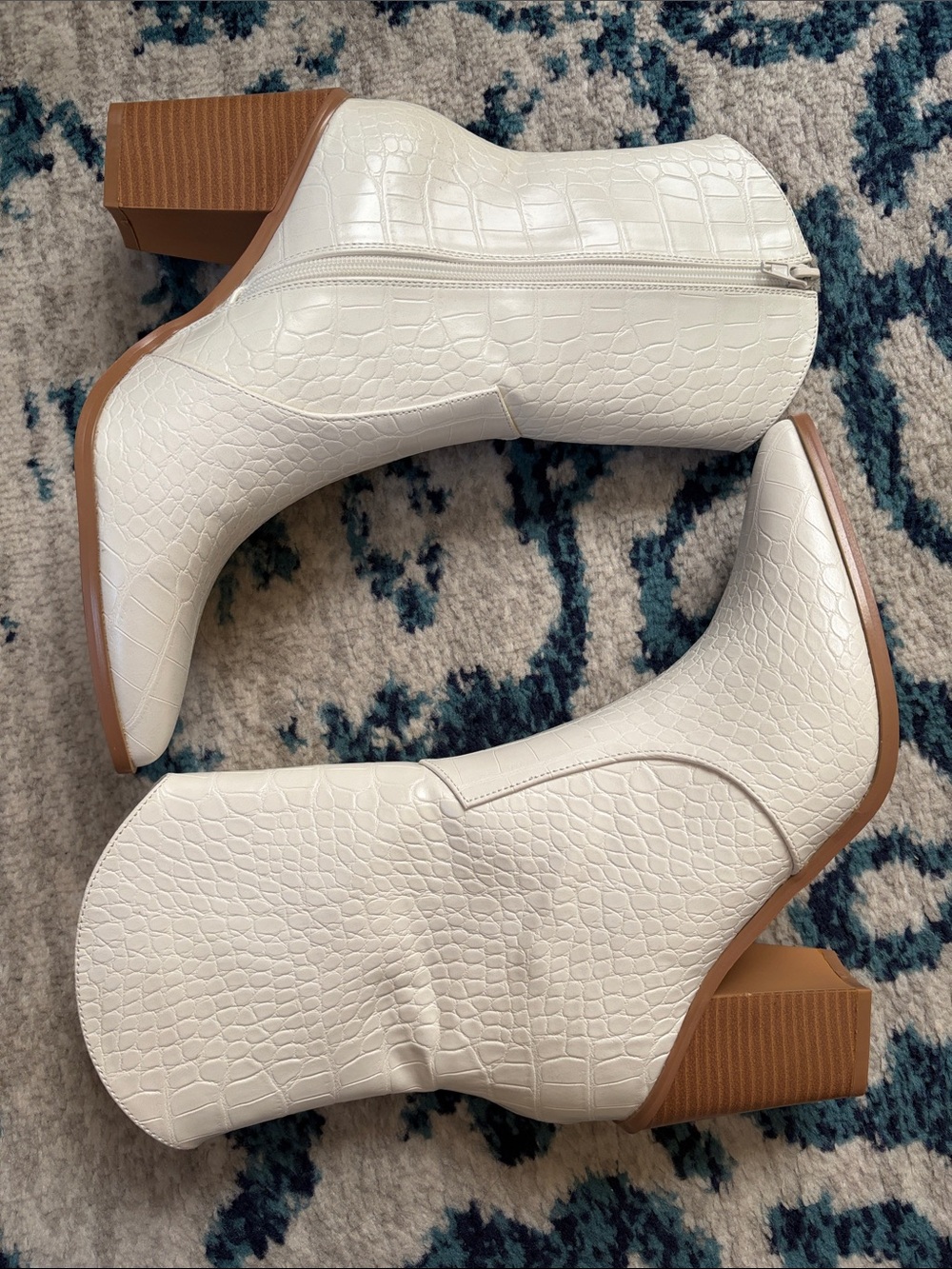 White Croc-Embossed Block Heel Ankle Boots